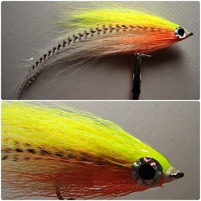 Hollow Flye in bright colors and grizzly hackle plus some flash.
