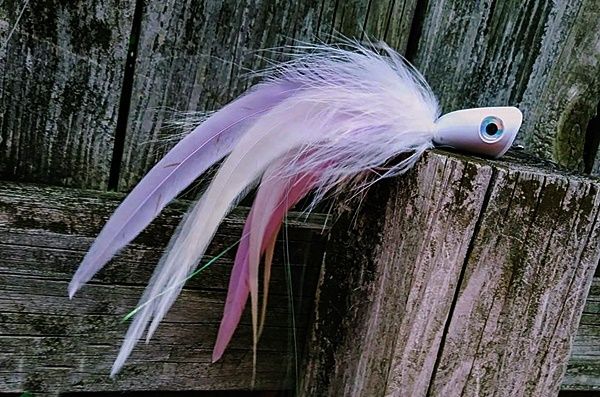 Lg Double Banger foam head, pink/lavender/white saddles with marabou. Fly is 9 inches and I'm aiming for a nice striped bass this fall.