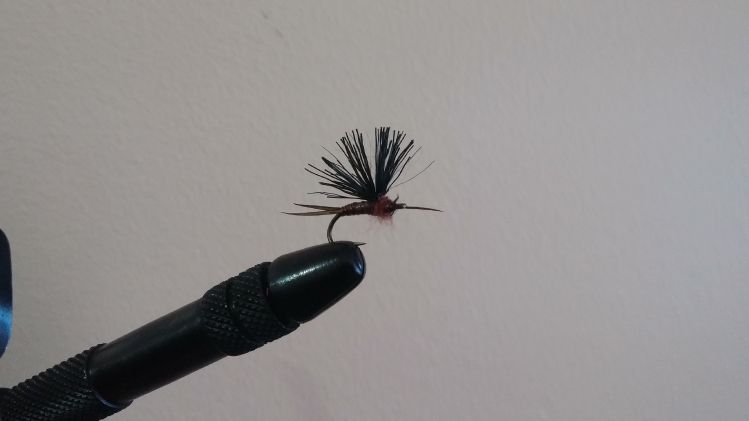 Black stonefly emerger.
Size 10 hook
Thorax/ abdomen - Brown hare's body dubbing
Antenna/ tail - goose biots
Ribbing - fine copper wire
Thorax - grey stretch flex cord
Wings - black buck tail