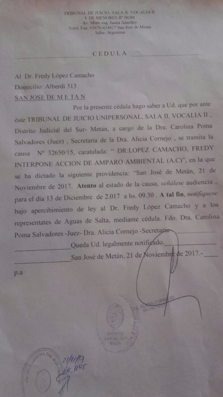 AMPARO AMBIENTAL PROTECCION AL DORADO EN EL RIO JURAMENTO (METAN SALTA), AUDIENCIA PUBLICA 